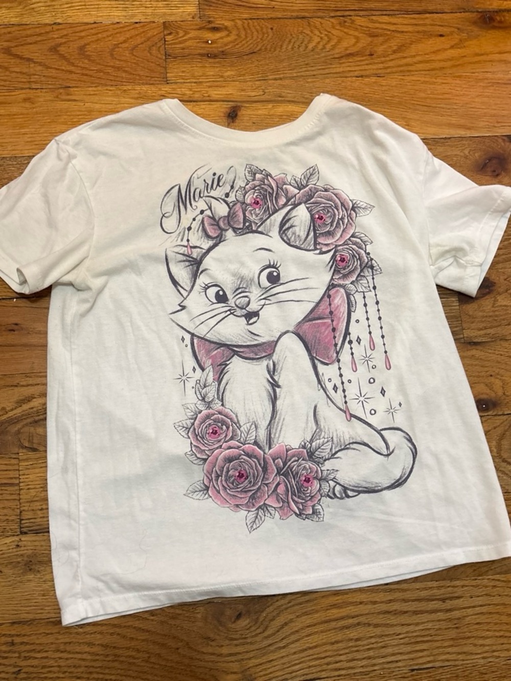 Disney White Tee with Marie Cat and Pink Rose Graphic